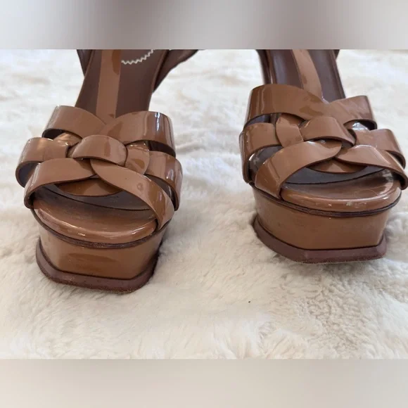 Saint Laurent Tribute Platform Sandals Dark Tan Beige Patent Authentic 38.5 - Picture 6 of 16